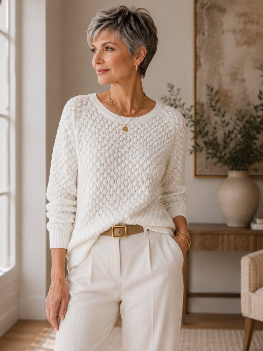 French Connection Cream Textured Women's Sweater